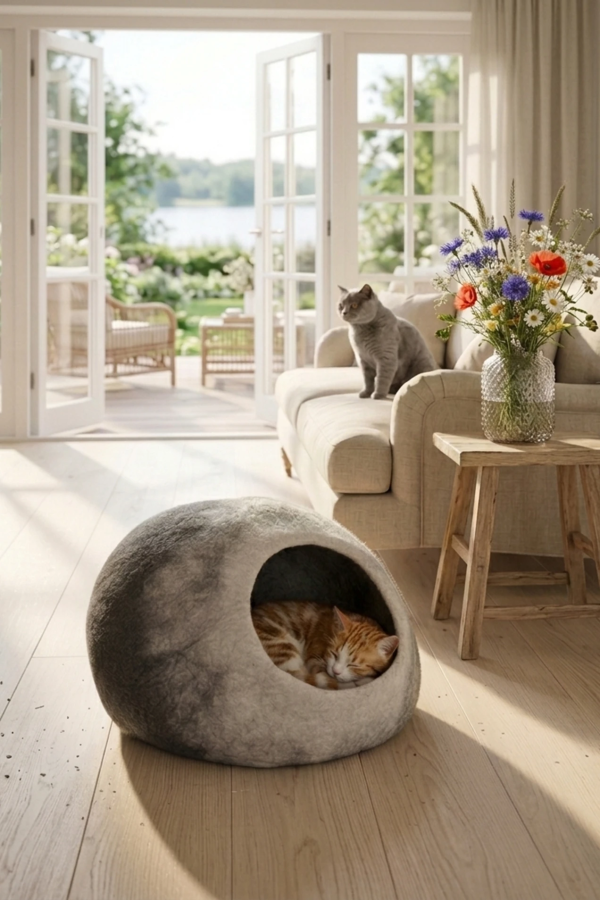 Legowisko filcowe dla kota Nest Sphere Raw Ash & Natural White | Feraw
