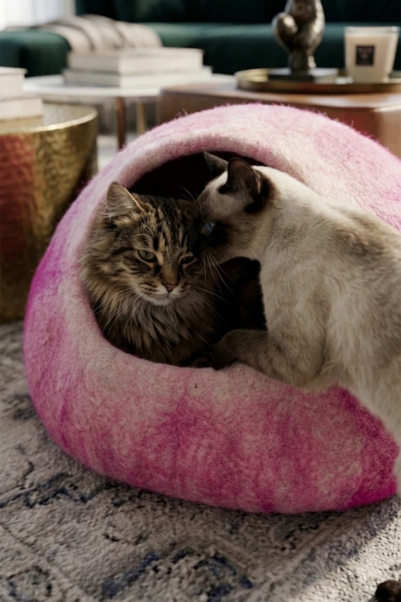 Nest Sphere Deep Pink & Natural White Felt Cat Bed | Feraw