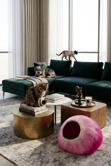 Nest Sphere Deep Pink & Natural White Felt Cat Bed | Feraw