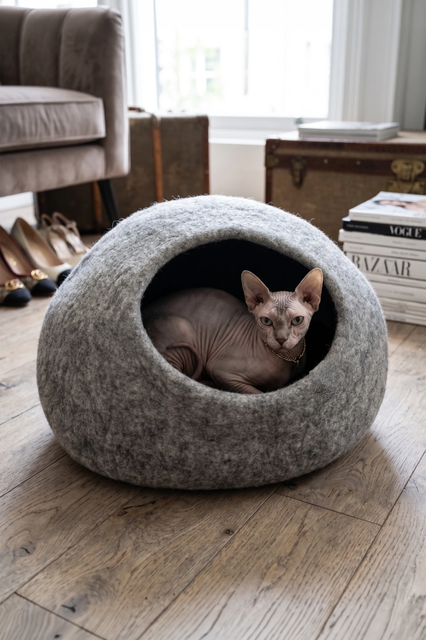 Nest Sphere Stone Ash felt cat bed | Feraw