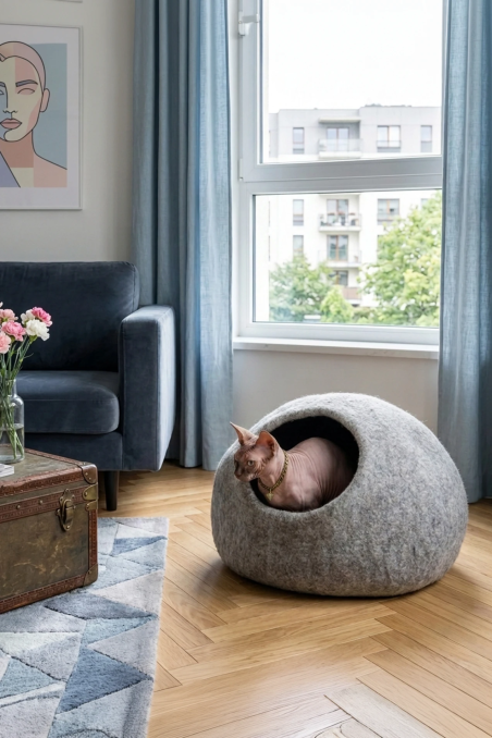 Nest Sphere Stone Ash felt cat bed | Feraw