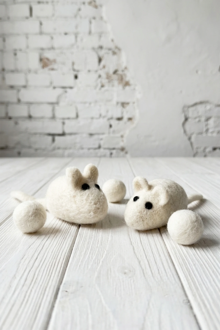 Cat Toy White Alabaster Mouse Merino Wool | Feraw Pets