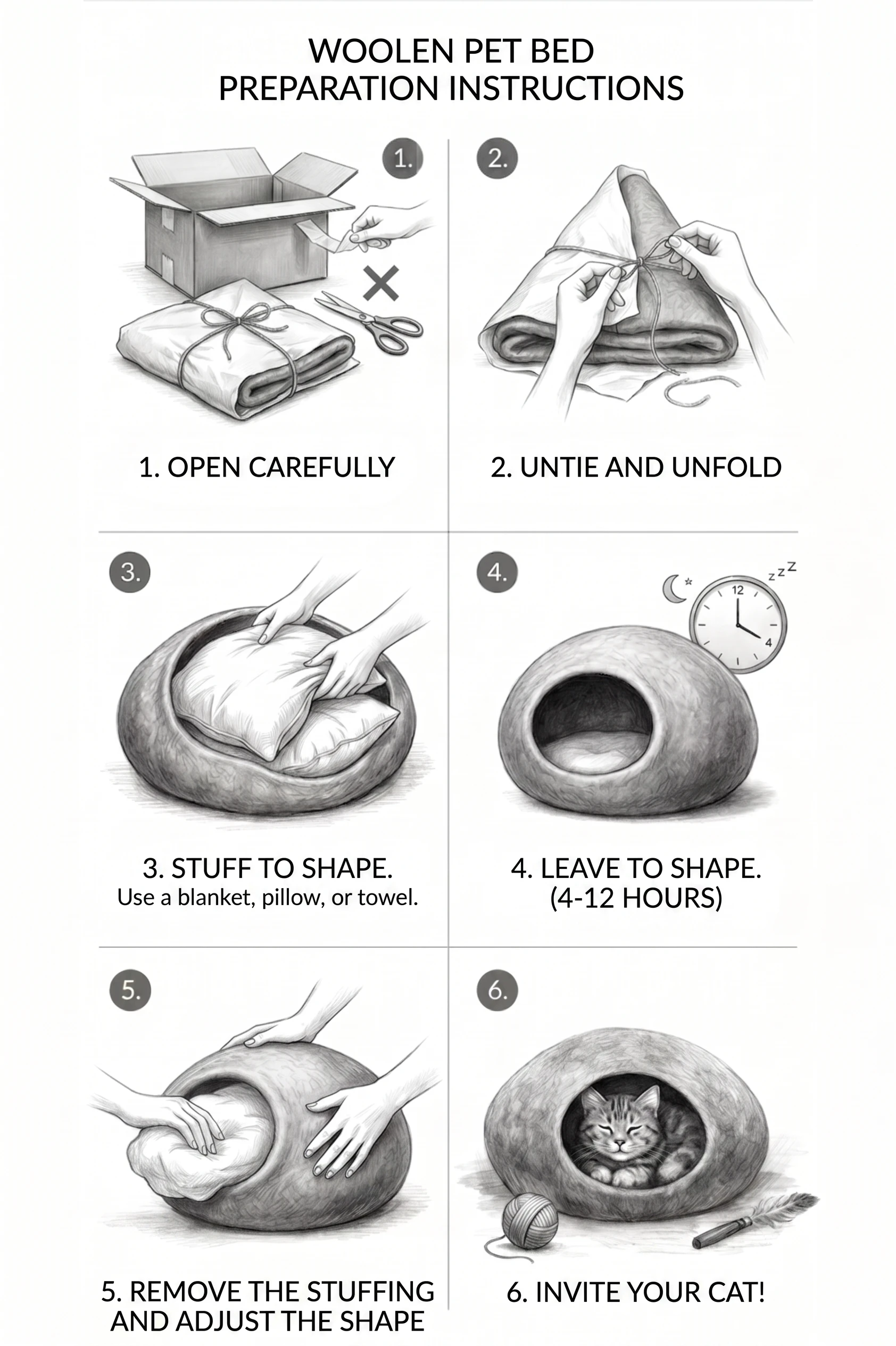 Woolen pet bed preparation instructions — 6 steps